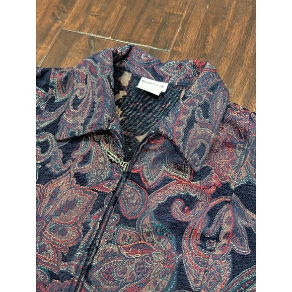 Vintage Paisley Tapestry Jacket Womens L Petite Navy Zip Textured Long Sleeve - Picture 4 of 10